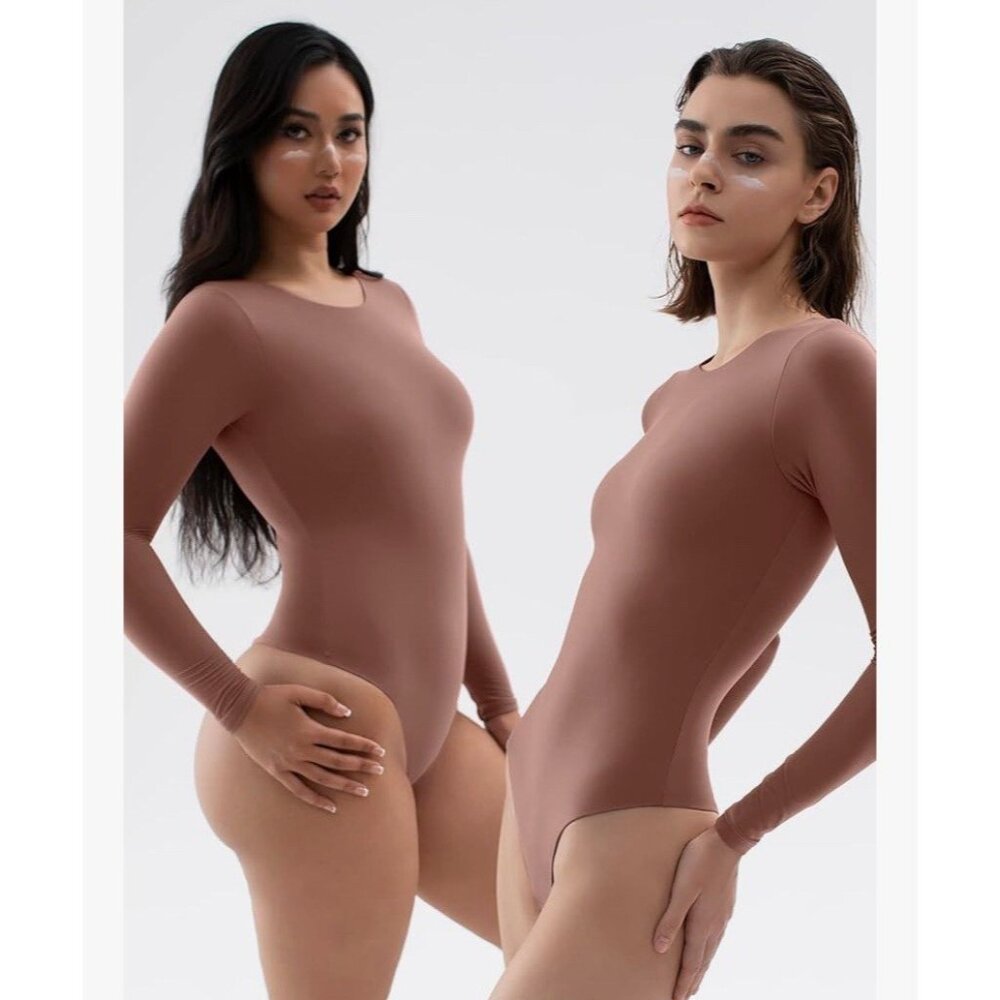 NWT PUMIEY Long Sleeve Bodysuit Women's Sexy Crew Neck Tops in Dusty Rose Size L - Picture 2 of 7